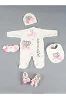 pink baby girl rompers queen crowned 5 piece jumpsuit sets styled babies jumpsuit gloves hat bib shoes daily cotton fabric model