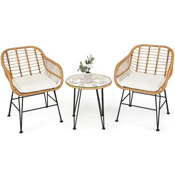 3PCS Patio Rattan Bistro Furniture Set Cushioned Chair Table OP70839WH