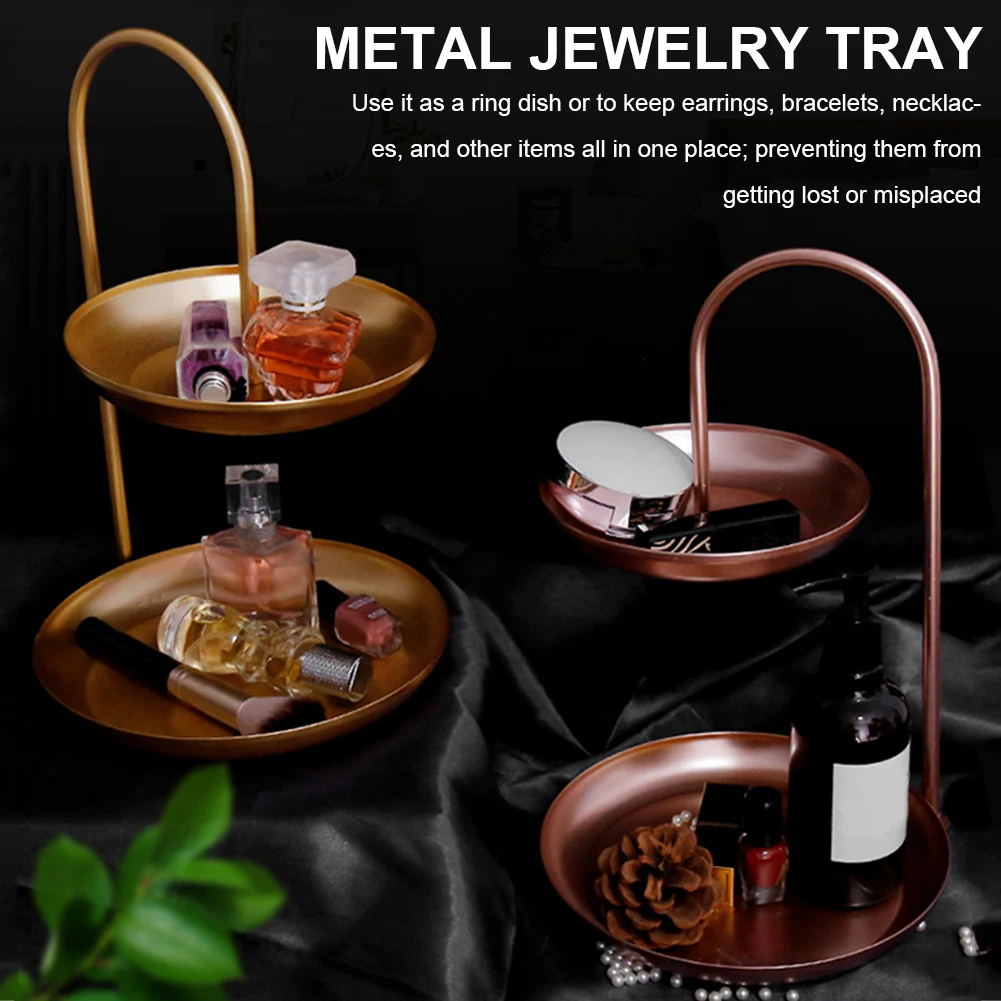 

Double Layer Metal Storage Tray Fruit Plate Dessert Snack Storage Rack Multi-functional Jewelry Cosmetics Storage Holder