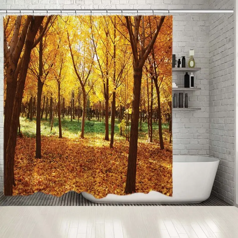 

Занавеска для душа с золотыми листьями Осенняя природа сезонная лесная сцена высокие деревья спокойная окружающая среда желтый коричневый...