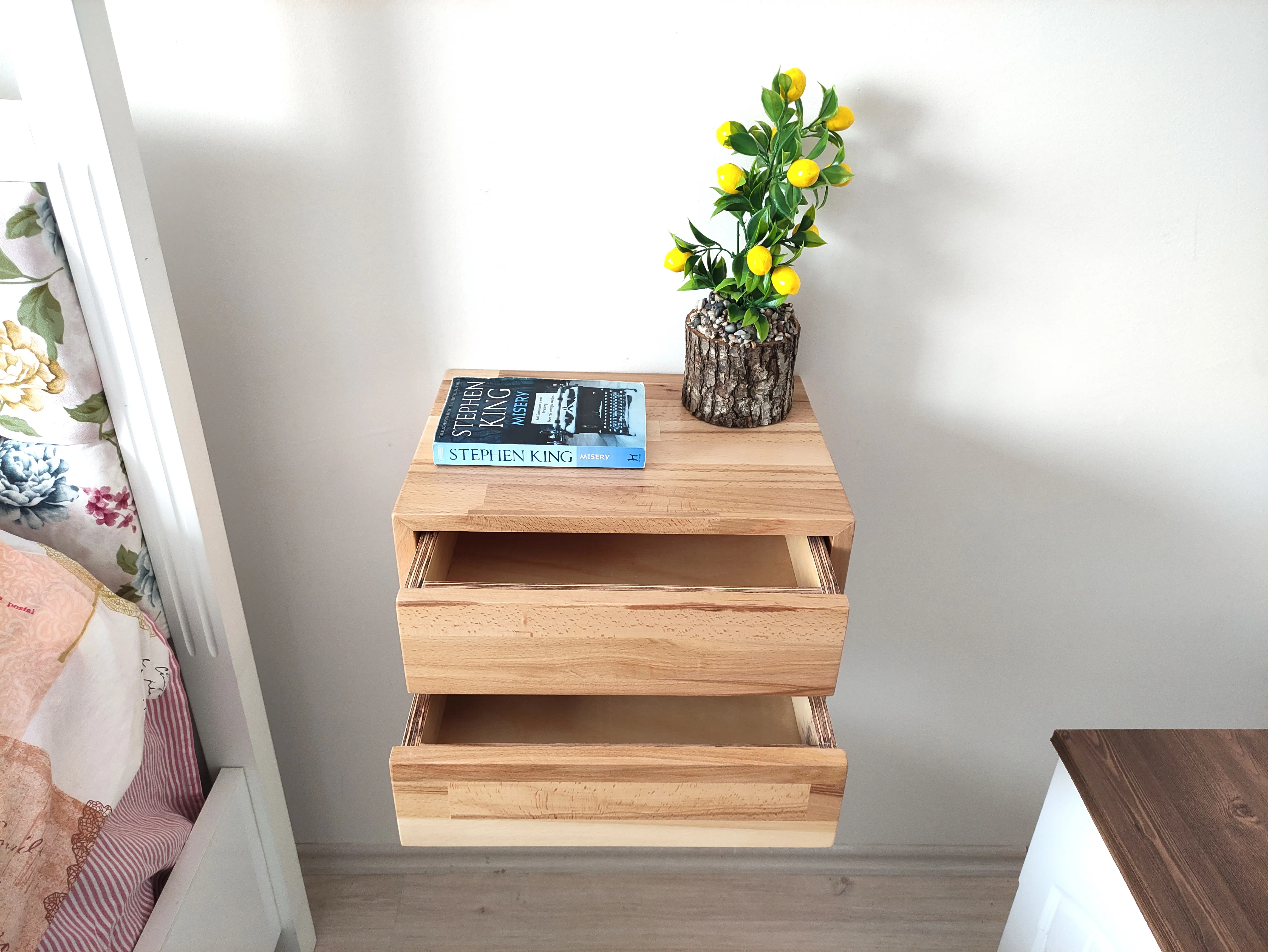 Wall Mounted Bedside Table Short with Bass Drop Drawer and Natural Beech Oak Non toxic Floating Shelf Small rustic | Мебель