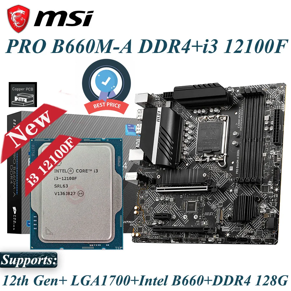 

LGA 1700 MSI B660M-A DDR4 Motherboard Set Combos + Intel Core i3 12100F 128GB 4800OC 12th-Gen PCIe 4.0 Intel B660 Placa-mãe Kit