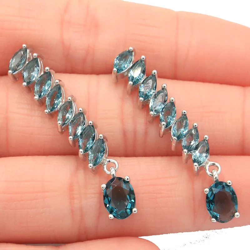 blue topaz 40x7 мм класса люкс 6,08g настоящий зеленый изумруд Лондон Голубой топаз женские реального 925 Твердое Серебряные серьги - Цвет камня: blue topaz