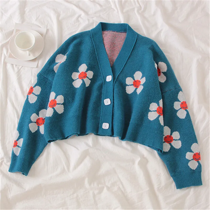 

2021 Colorful Preppy Style Flower Knit Cardigans Sweater Women V Neck Loose Elegaht Thicked Pull Femme Print Short Casual Coat
