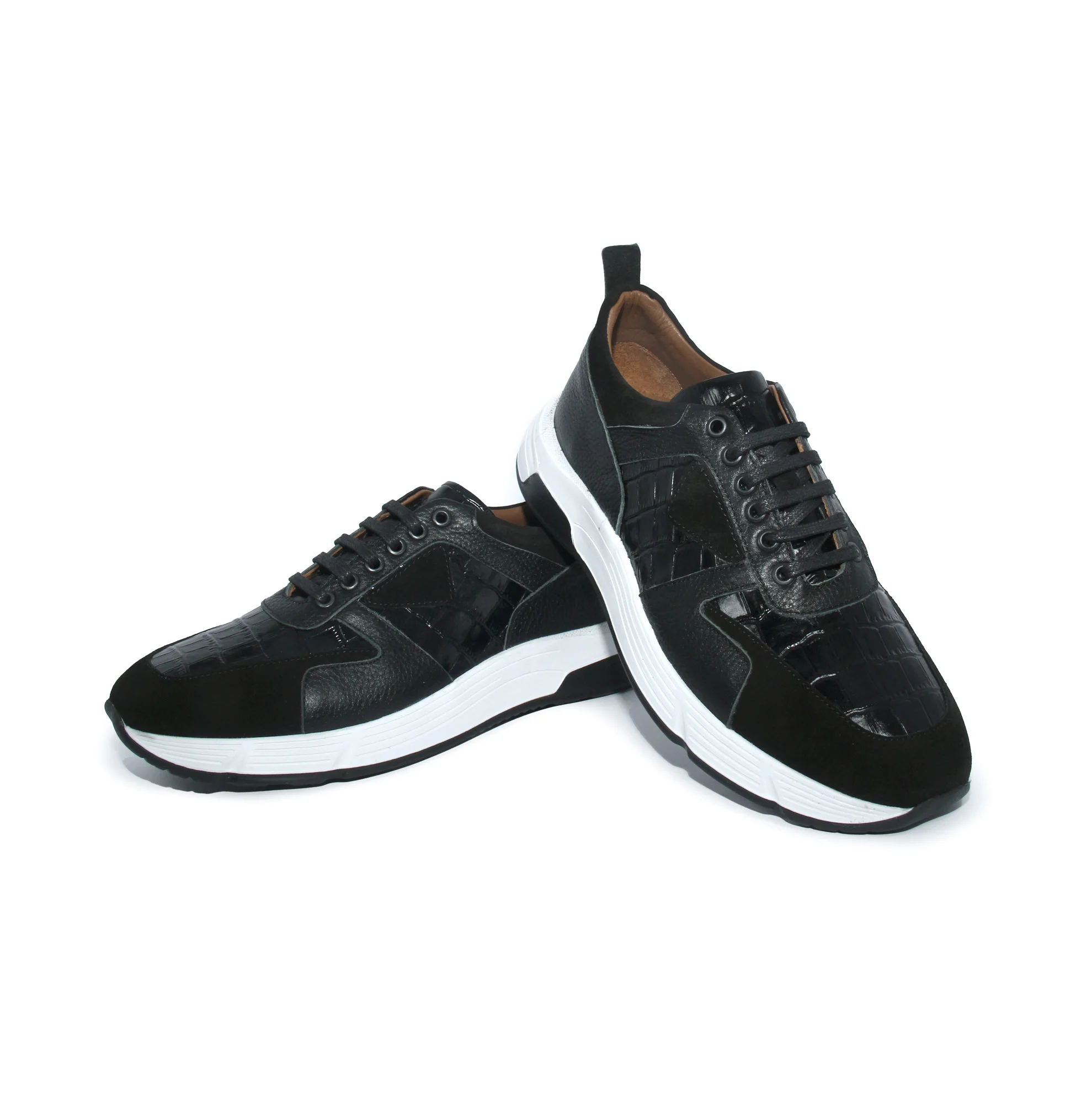 

Handmade Black Sport Sneakers Croco Alligator Patterned Calf Leather & Suede, Leather Insole, Men's Casual Running Shoes