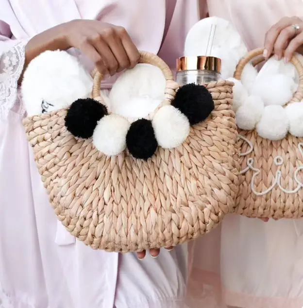 Pom Pom Purse Women Straw Purse Pink Beach Travel Vacation Bag Women Birthday Gifts For Her Beach Bag Purse Tote Bridesmaid Gift