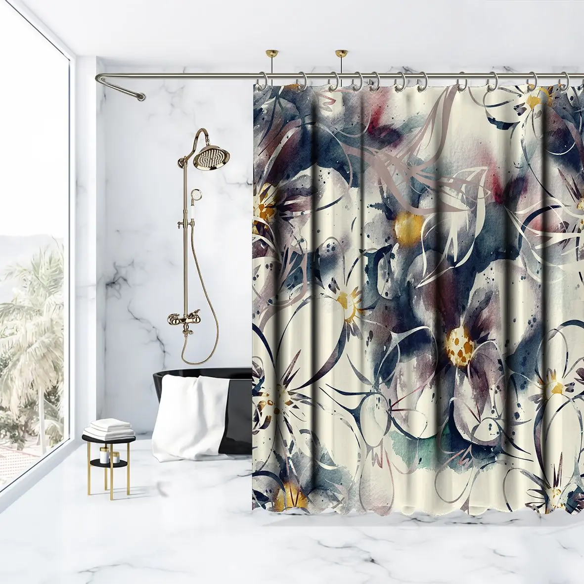 Занавеска для душа цветочный узор на становится размытым задний фон