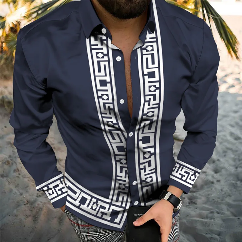 

Four Seasons New 3d Digital Retro Strip Pattern Printing Hawaiian Fashion Loose Casual Long Sleeve Men's Home Button Cardigan