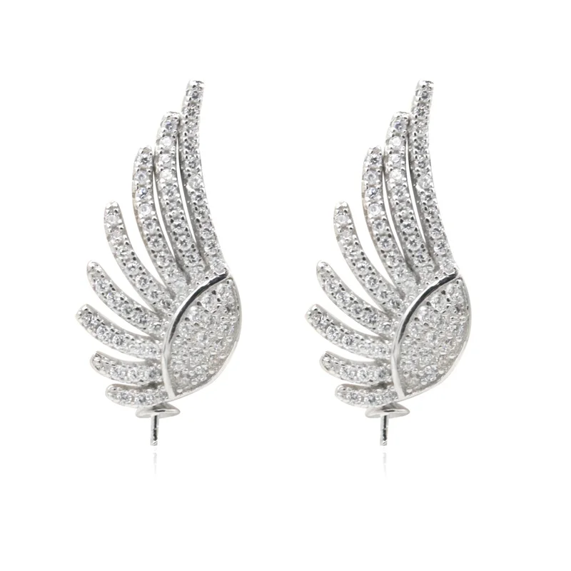 

2pcs 925 Sterling Silver Wings Stud Earring Settings Findings With Zirconia Size 25x11mm For Half-drilled Beads