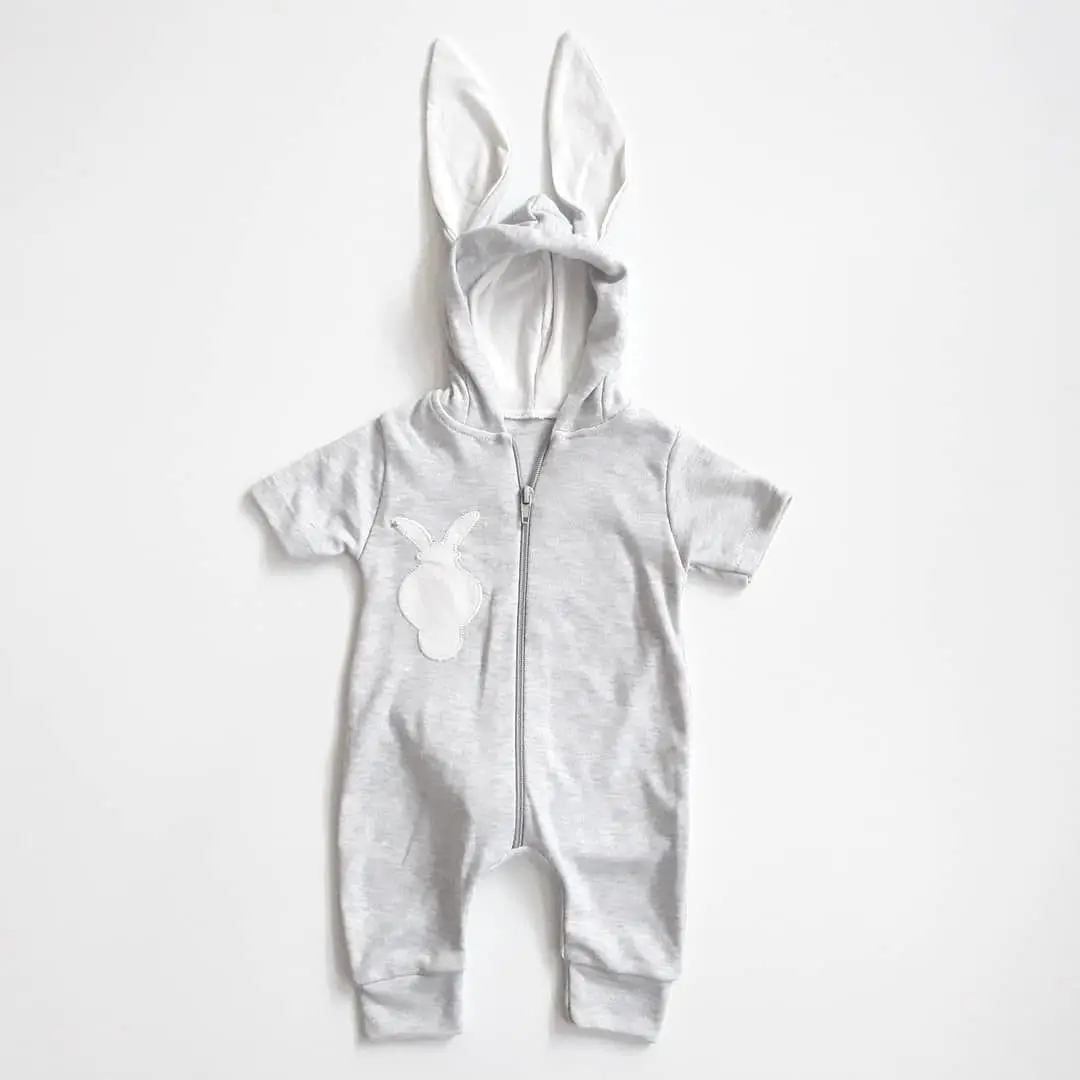 

Gray Eared Rabbit Pompon Short Sleeve Summer Baby Jumpsuit