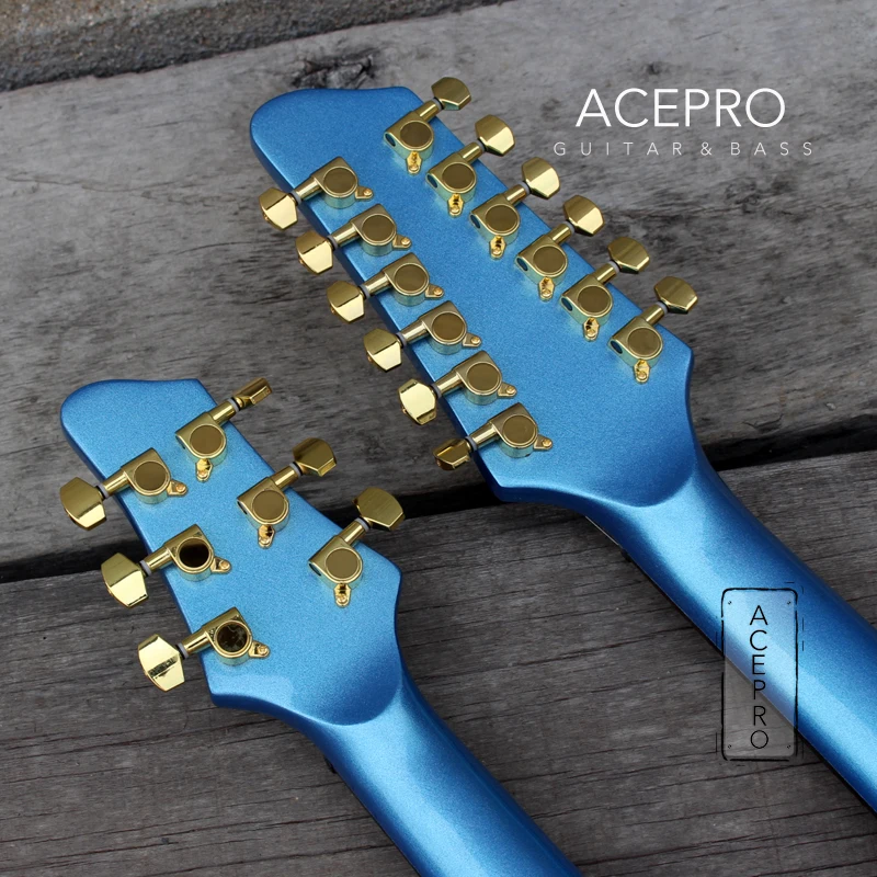 Металлическая синяя электрическая гитара Acepro с двойной шеей и корпусом из липы