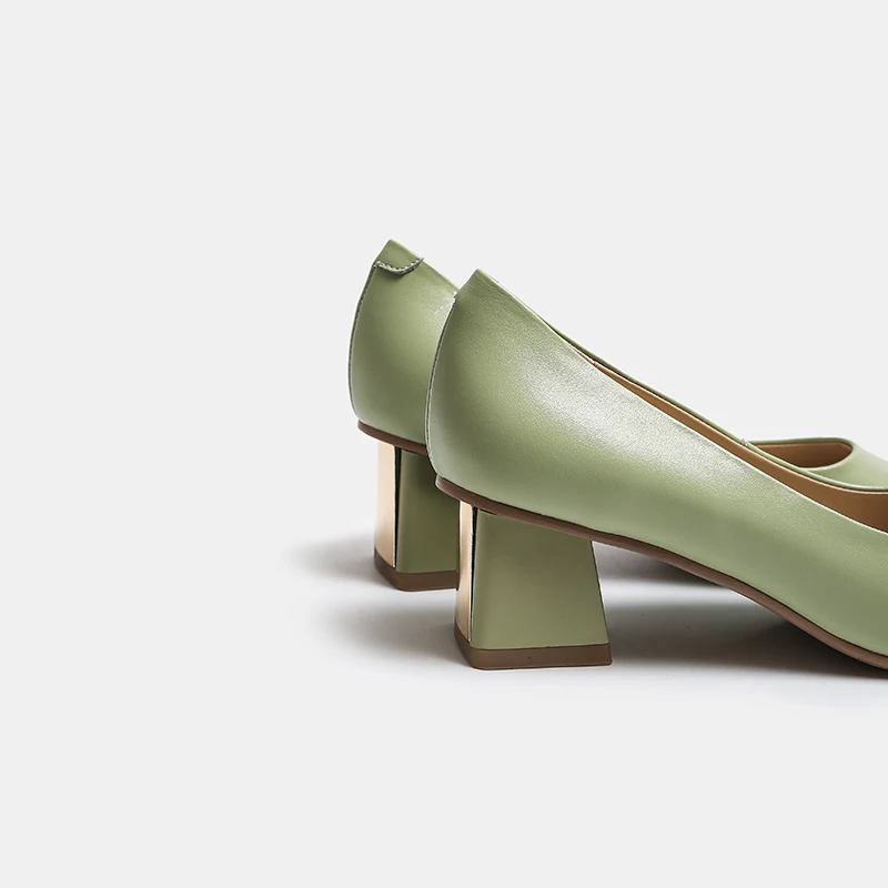 

Spring Shoes Women Heels Leather Fashion Square Toe Thick Heel Shoes 5CM Metal Decoration Wedding Shoes Green Big Size 40