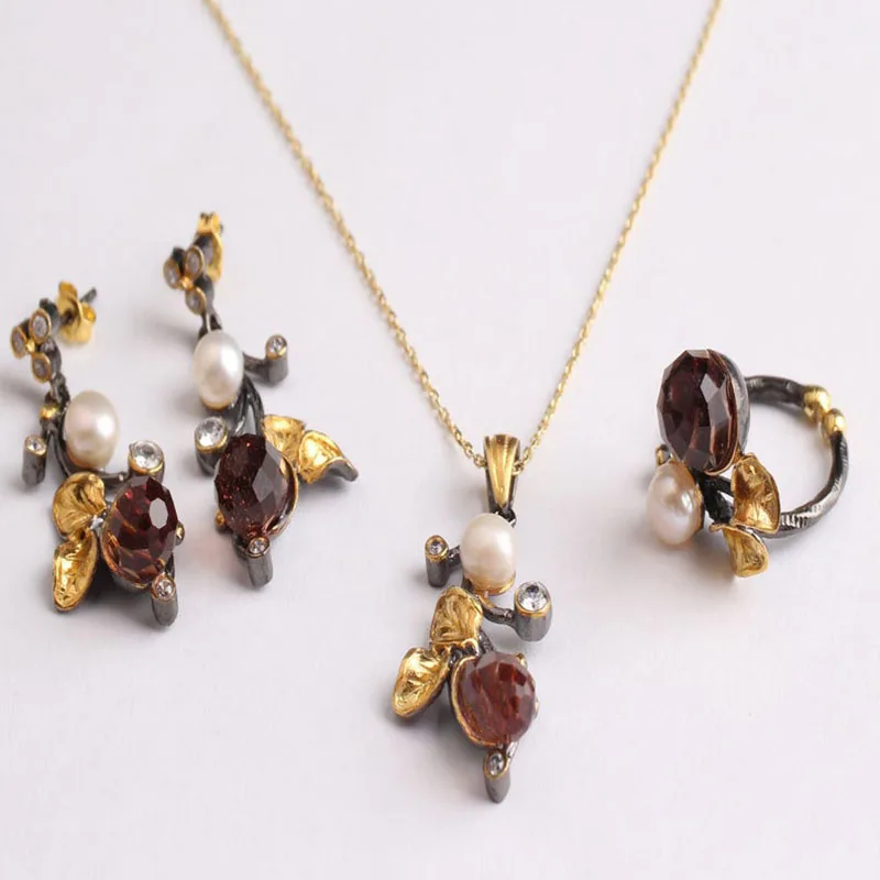 

Drop Pearl Leaf Zultanite and Green Jewelry Set Gold Plated,Woman Silver Zultanite Ring+Necklace+Earrings,Handmade Woman Silver