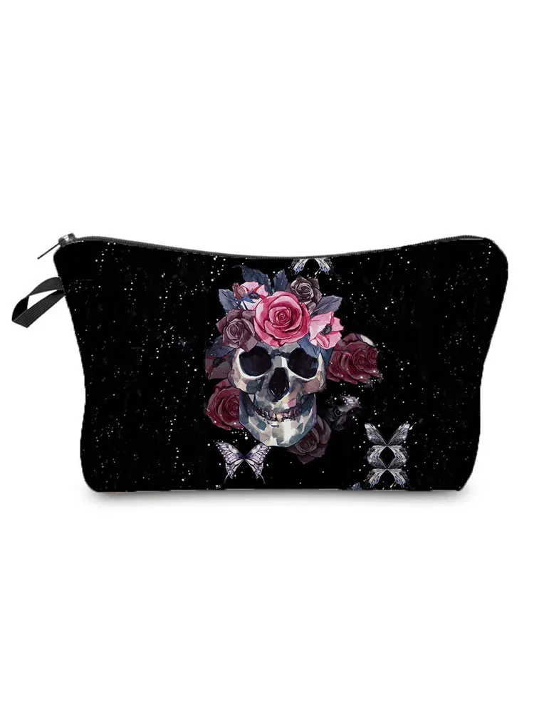 

Косметичка женская с розовым цветком, стильная дорожная черная сумочка для косметики с черепом, крутая миниатюрная сумочка для Хранения Ту...