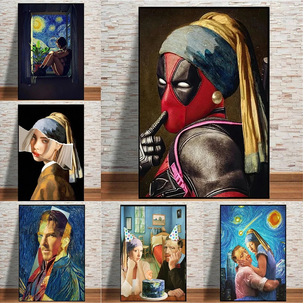 

Funny Movie Collage Art Painting Spoof Van Gogh With Girl Canvas Prints Wall Poster Pictures for Living Room Hotel Home Decor