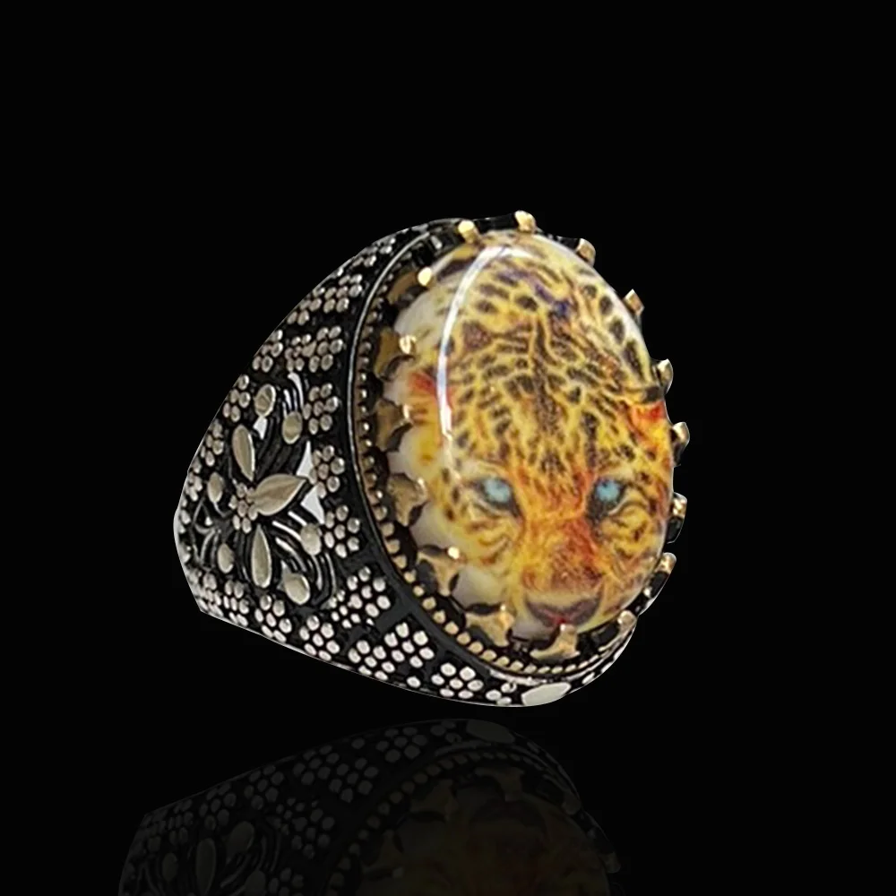 

Men's Ring 925K Sterling Silver Turkish Handmade Jewelry Tiger Printed Zircon Stone All Size