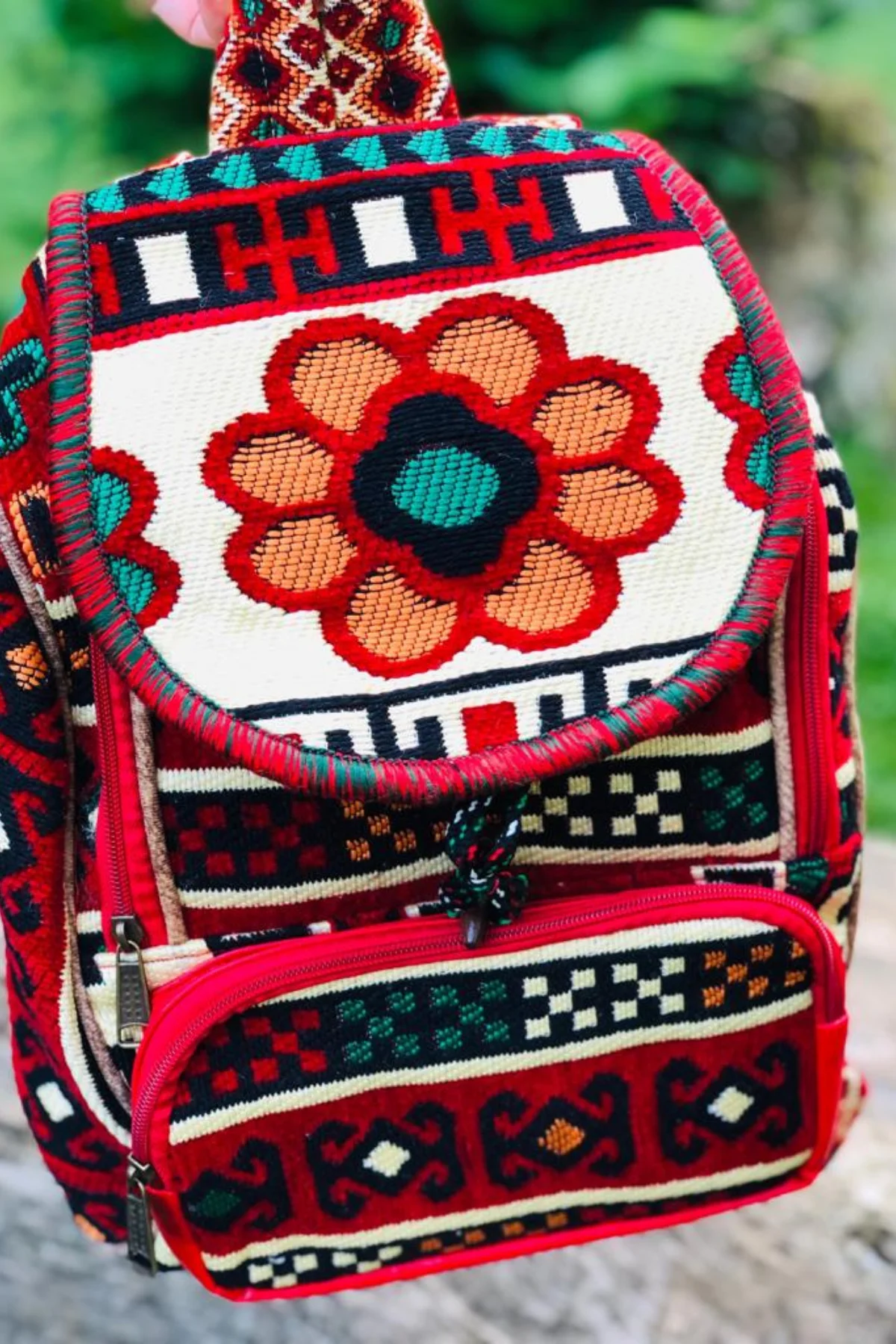 Woman Backpack 25x35cm Hippie Bohemian Turkish Anatolian Kilim Style Velvety Zippered Bag Made in Turkey