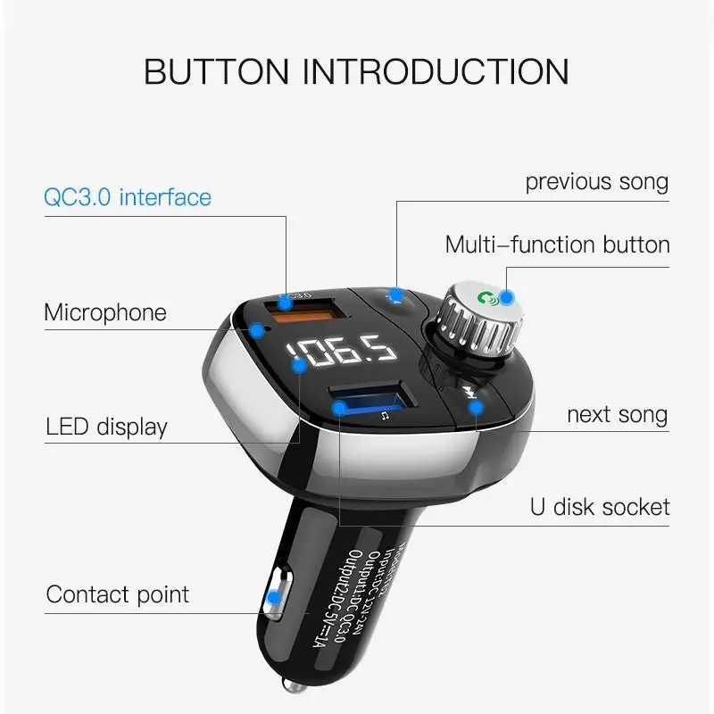 Автомобильный FM-передатчик QC3.0 Bluetooth стерео MP3-плеер светодиодный дисплей монитор