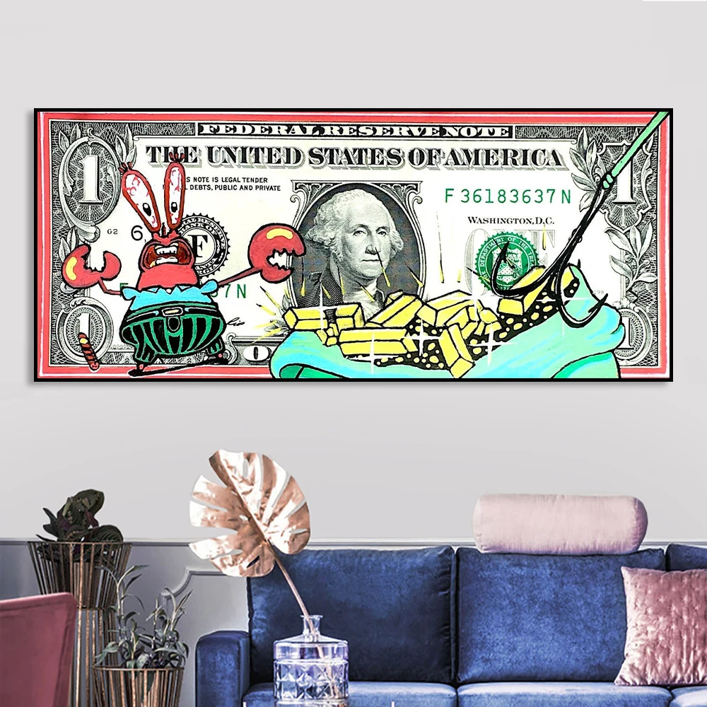 

Disney Cartoon Crab And Bag of Gold Inspirational Print Canvas Painting Wall Art Graffiti Poster Money Picture For Room Decor