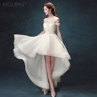 mqupin off shoulder short sleeve crystal flower applique high low bridal wedding dress summer