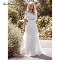 unique two pieces wedding dresses illusion o neck lace tulle top puff short sleeve and chiffon skirt sweep train bride gowns