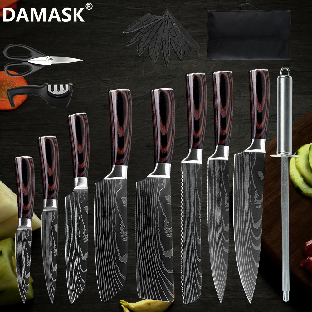 

Damask Stainless Steel Kitchen Knife Set High Carbon Laser Blade Chopping Santoku Slicing Chef Knife Meat Slicing Cleaver Tools