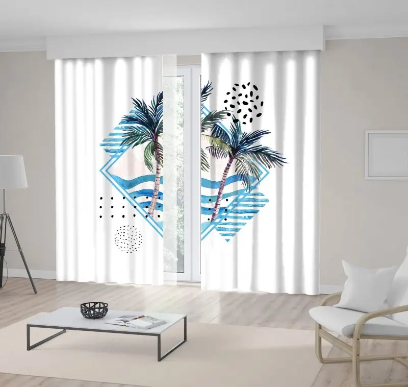 

Curtain Sea Waves Tropical Palm Trees Leaves Seagulls Birds and Geometric Shapes Watercolor Artwork Blue Green White