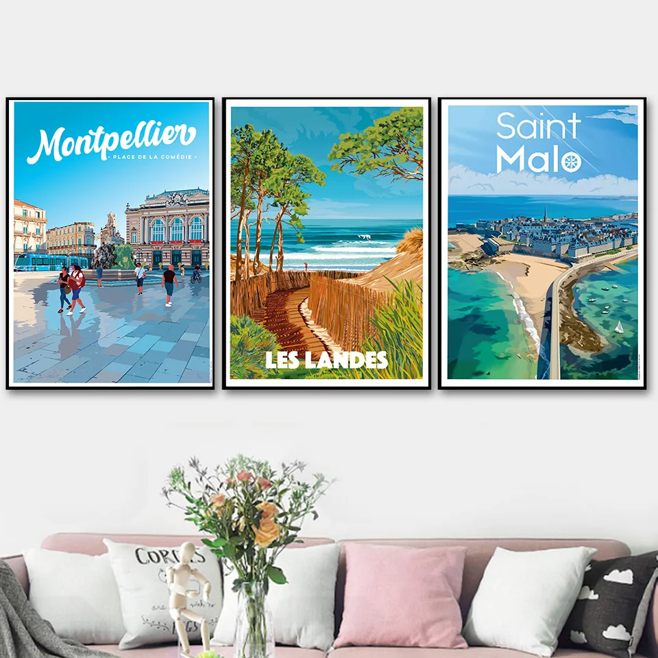 

Landes Montpellier Landscape Poster Saint Malo City Travel Canvas Painting Modern Wall Art Print Pictures Aisle Home Decoration