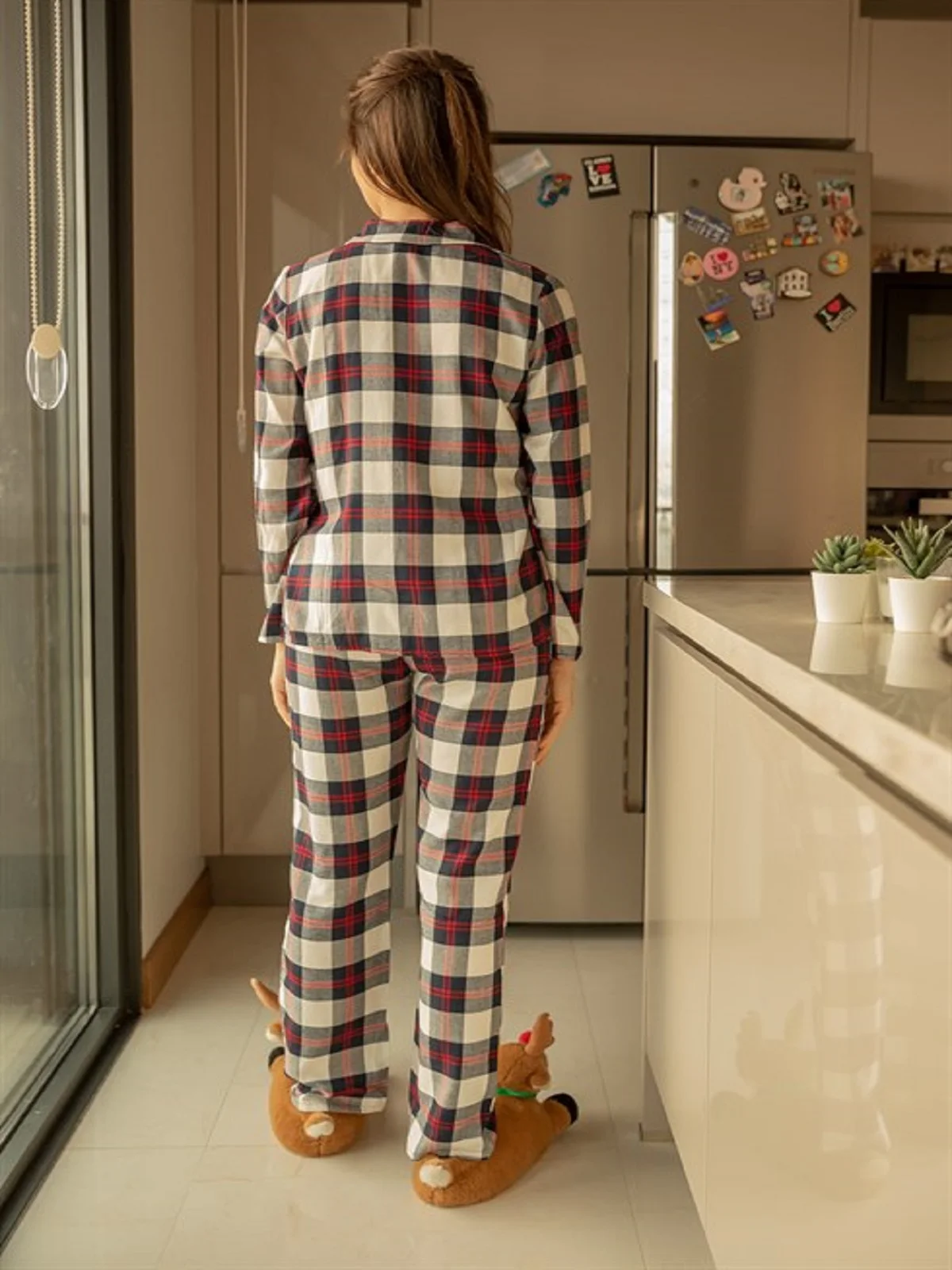 

Women's cotton pajama set plaid pattern nightgown cotton night sleepwear keeps warm new style made in turkey