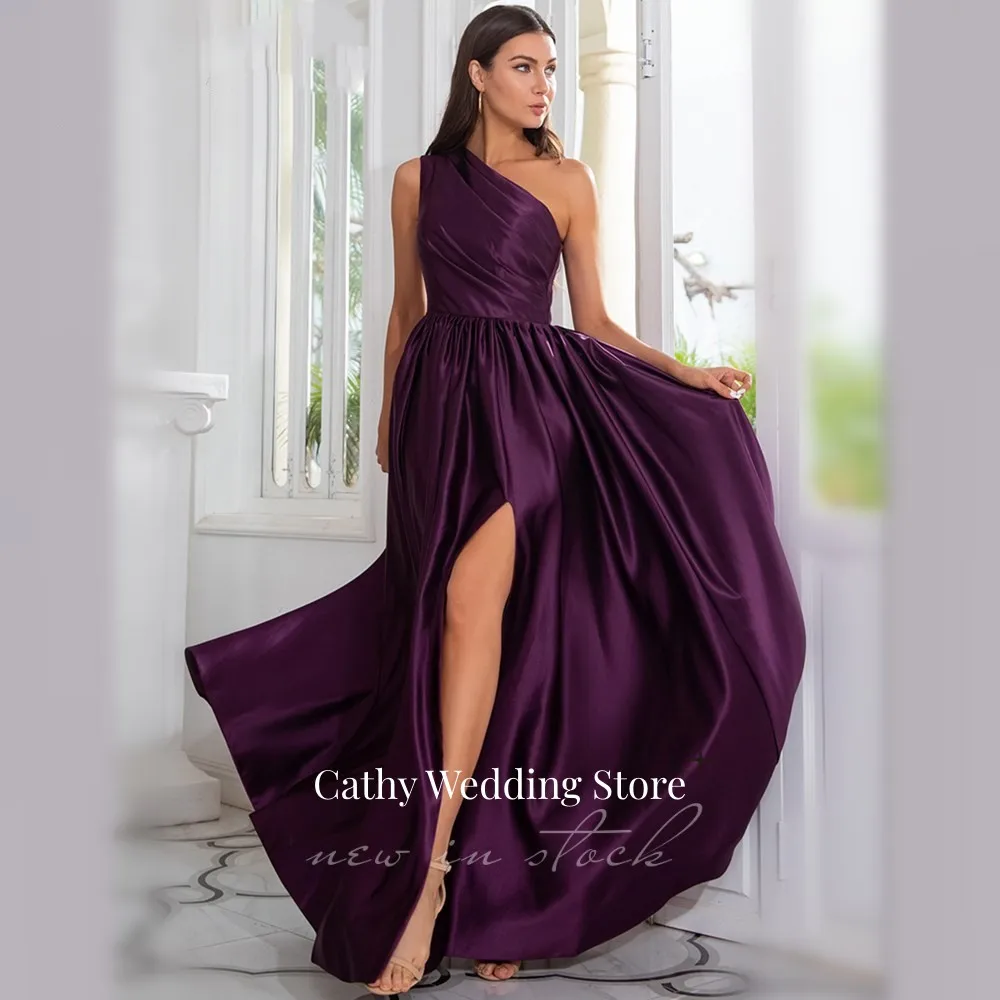 

Cathy Sexy One-Shoulder Side High Slit Evening Dress Satin Prom Dress and Simple Purple Dress Custom Made New Vestidos De Fiesta