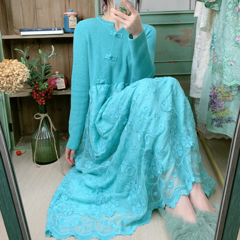 

Spring Autumn Original Design Women Mori Kei Delicate Lace Embroidery Chinese Style Cotton Knitted Mori Girl Blue Jumper Dresses