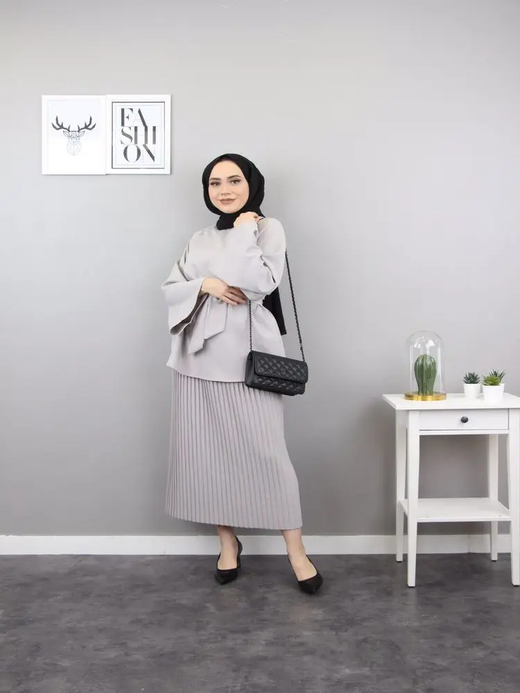 

Belted Blouse and Pleat Skirt Binary Suit 2 Piece Women's Sets Oversize Blouse Long Sleeve Crew Neck Long Skirt Muslim Fashion