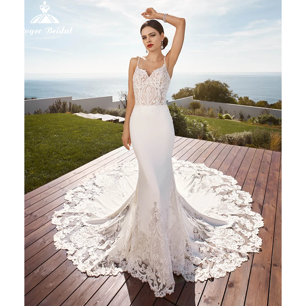 

Charming Mermaid Wedding Dresses 2022 Bridal Gowns Sleeveless Sweep Zippe Spaghetti Straps Sweetheart Satin Floor Appliques Lace