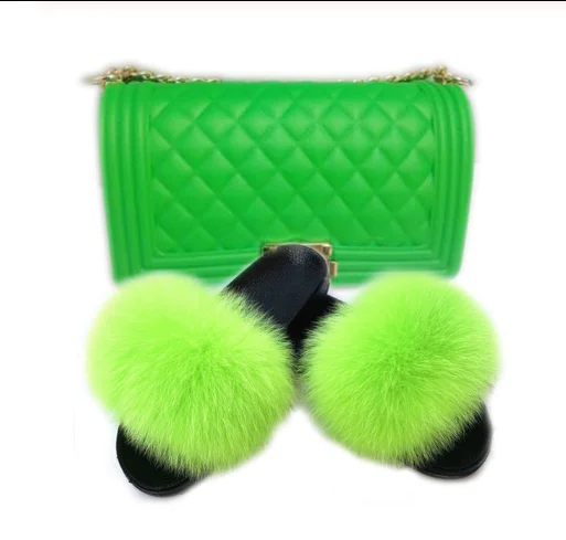 

GW Casual Women Luxurious Fluffy Fur Slides Jelly Bag Fashion Lovely Furry Fur Slippers Match Purse Set Furry Fur Beach Flip Flo