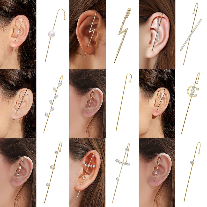 

AWH Boho Fashion Crystal Women's Geometric Cross Chain Hook Earrings Cuff Pearl Earrings Lightning Zirconia Climber Jewelry Gift