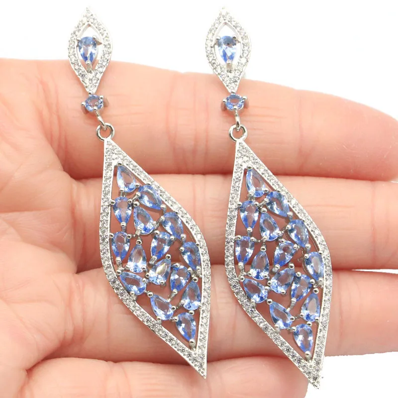 

67x17mm Anniversary 8.8g Long Created Rich Violet Tanzanite Bright Zircon Bridal Jewelry Silver Earrings
