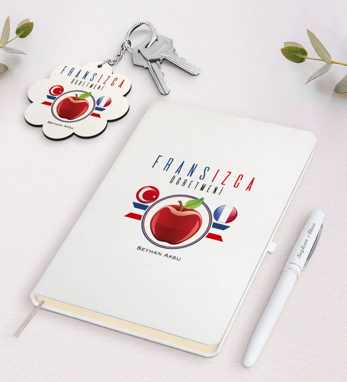

Personalized French Teacher White Notebook Pen And Keychain Gift Seti-3