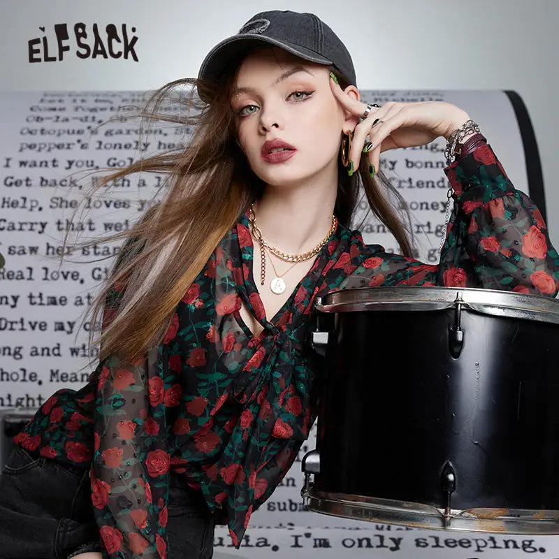 

ELFSACK Floral Print See-Through Casual Blouse Shirt Women,2022 Spring Full Sleeve Stylish Korean Female,Basic Daily Vintage Top