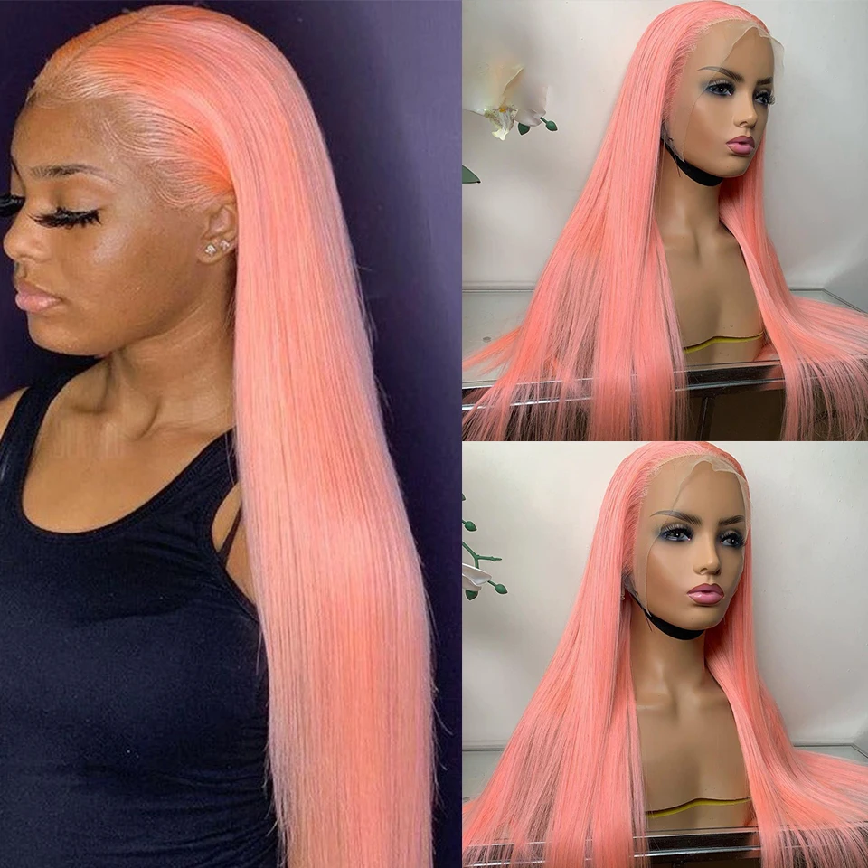 

Pink Colored 13x4 HD Lace Frontal Straight Wig 613 Blonde Transparent Human Hair Full 30inch Lace Front Glueless Wigs Women