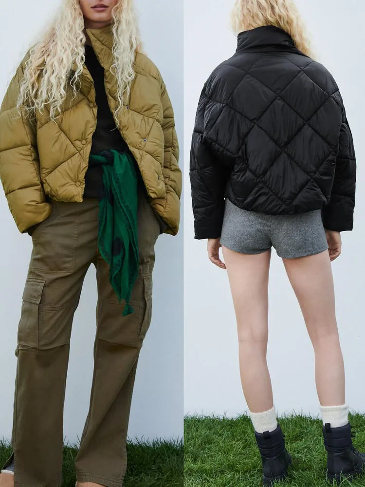 

new women's temperament, wild, simple diamond-shaped plaid texture, warm and loose casual cotton jacket jacket