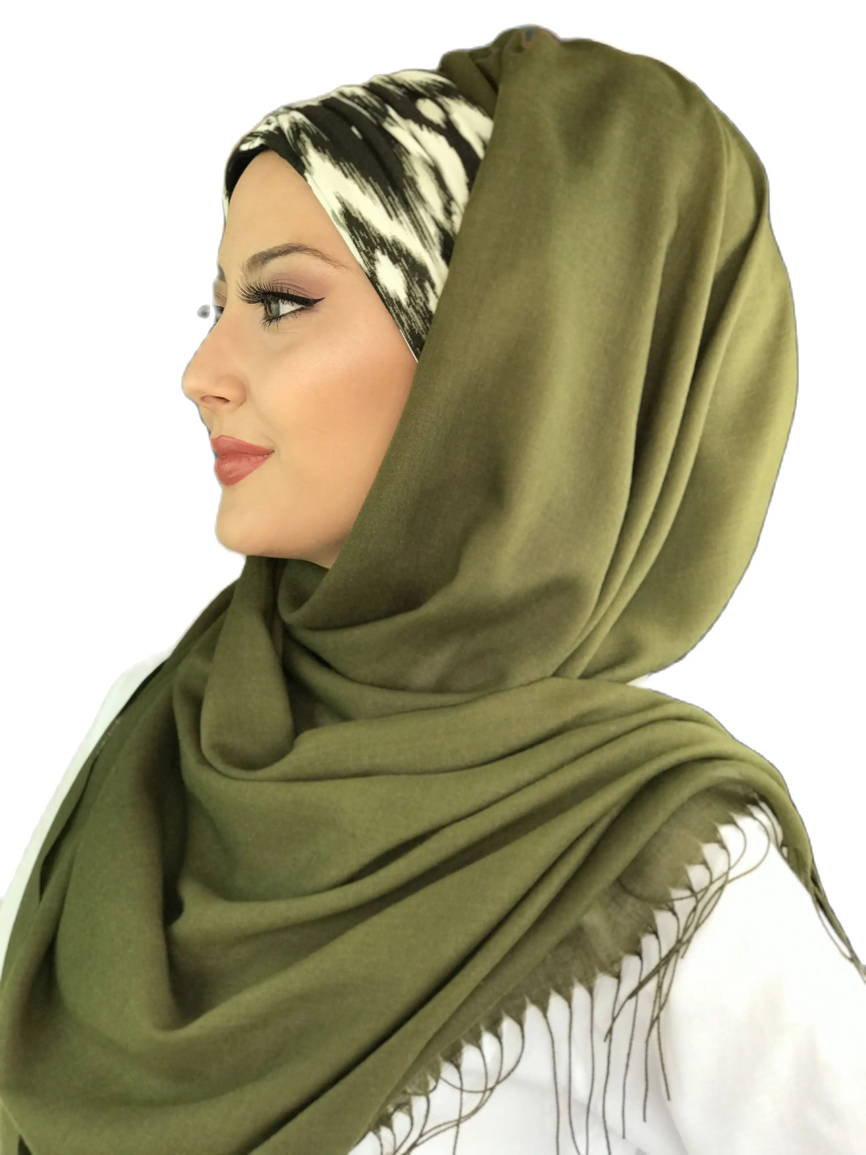 New Fashion Hijab 2021 Women Muslim Chiffon  Islamic Women's Hat Dark Khaki Color Cream Detailed Pleated Ready-made Shawl