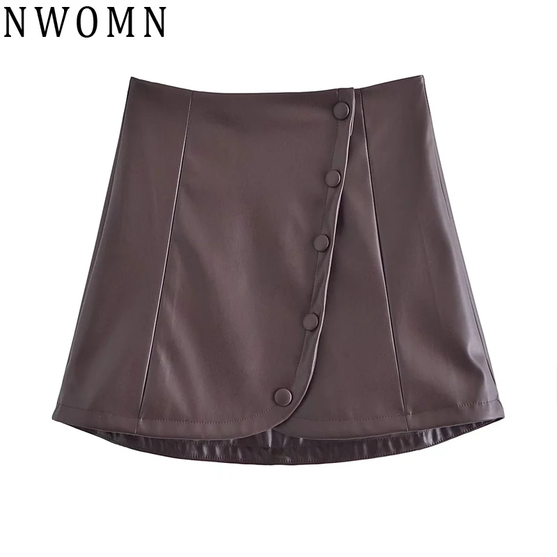 

NWOMN Za Brown Mini Skirts Women Faux Leather Skirts Womens 2021 High Waist Short Skirts Autumn A Line Vintage Button Wrap Skirt