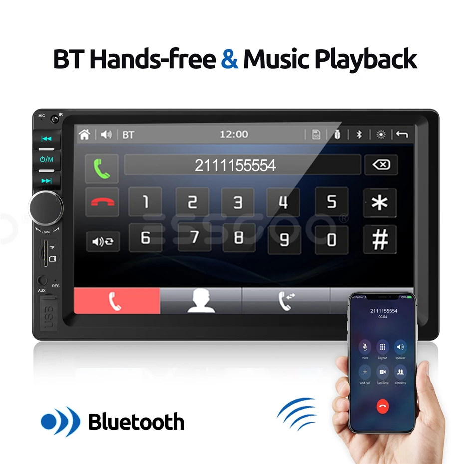 Фото Автомагнитола ESSGOO, 2 Din, 7-дюймовый сенсорный экран, MP5, стерео, FM, Bluetooth, USB, AUX, Mirror Link, 7-цветная подсветка, мультимедийный плеер №3