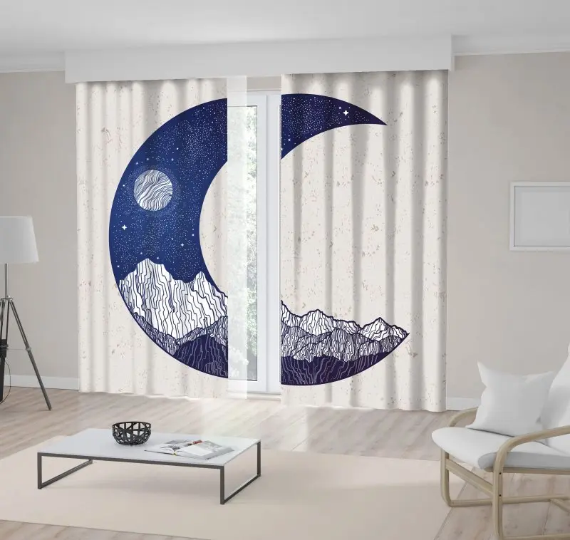 

Curtain Mountains Full Moon and Stars Night Sky in Crescent Shape Nature Theme Decorative Artwork Blue White