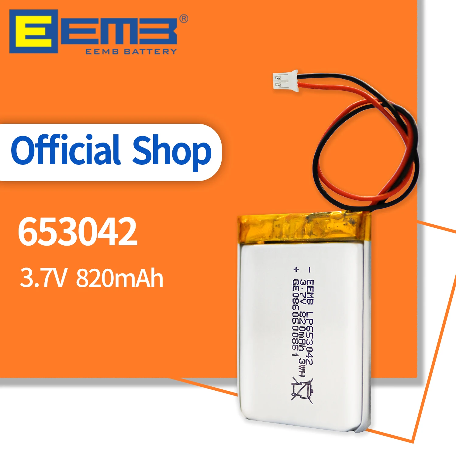 

EEMB 3.7V Rechargeable Battery 653042 820mAh Lithium Polymer Battery Lipo Cell for Cameras Bluetooth Computers Doorbell WIFI