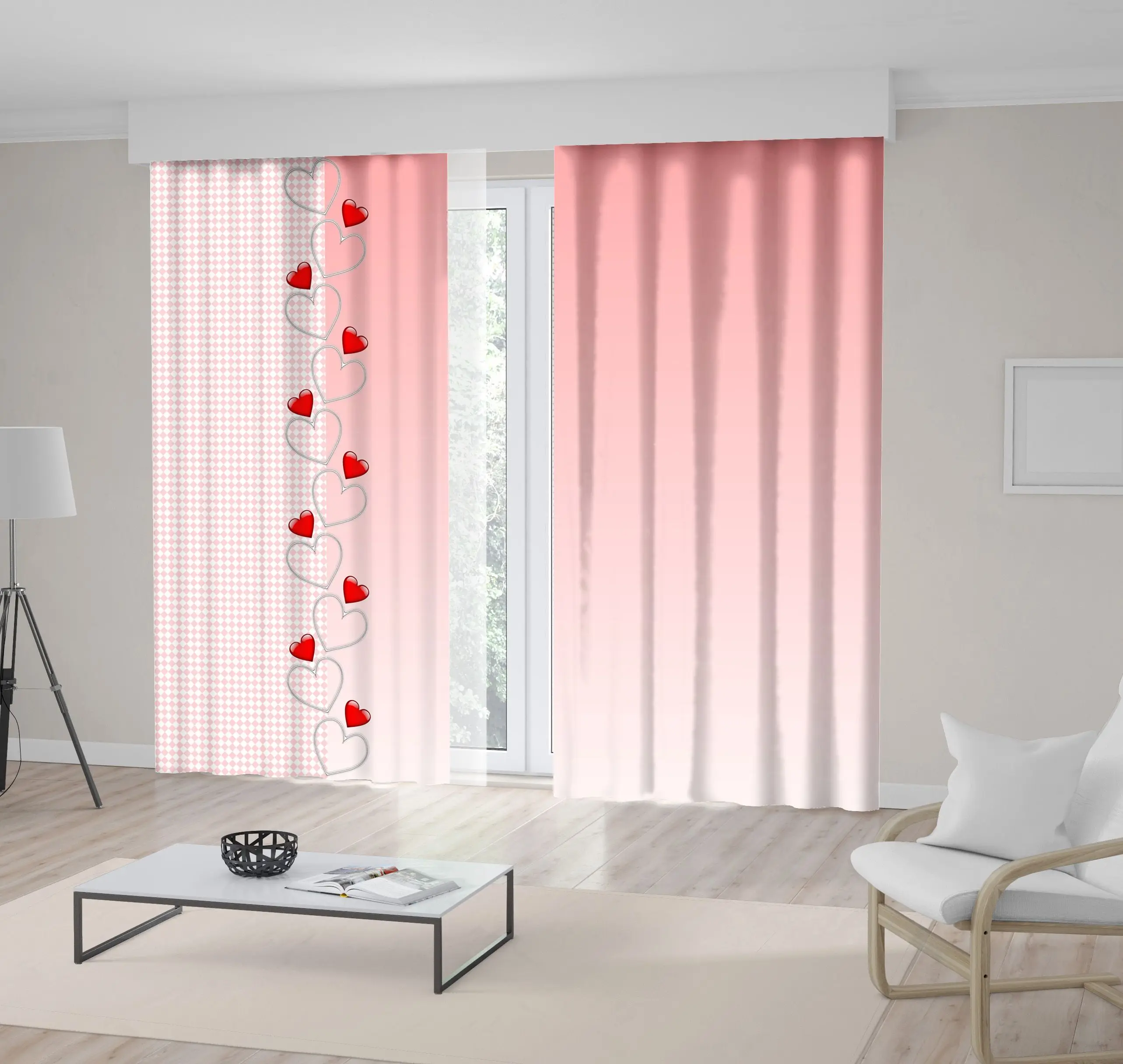 

Curtain Heart Shapes on Checkered and Gradient Background Valentines Wedding Celebration Decor Red Pink