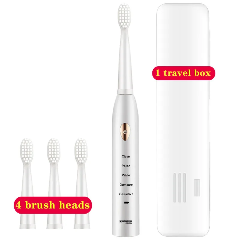 

usb black and white electric toothbrush sonic type 4 brush heads plus a travel box