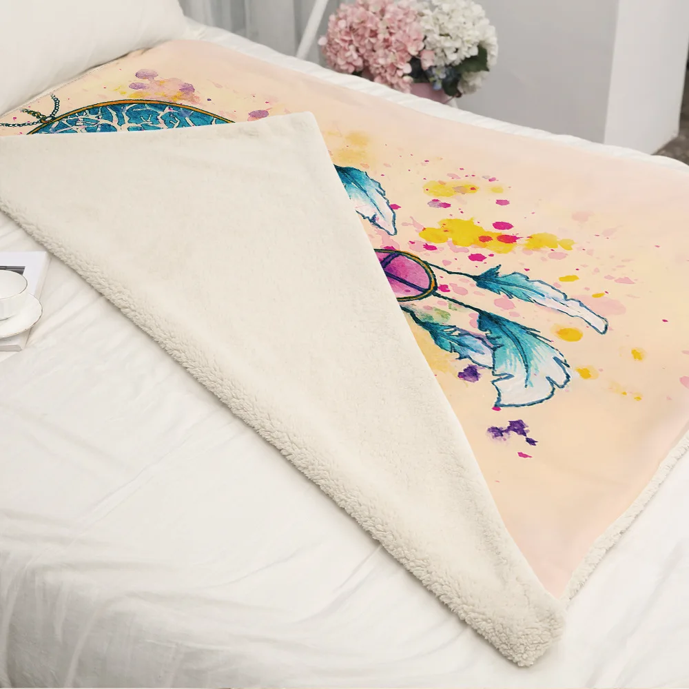 Декоративное плюшевое одеяло с принтом в виде перьев и колокольчиков шерпа