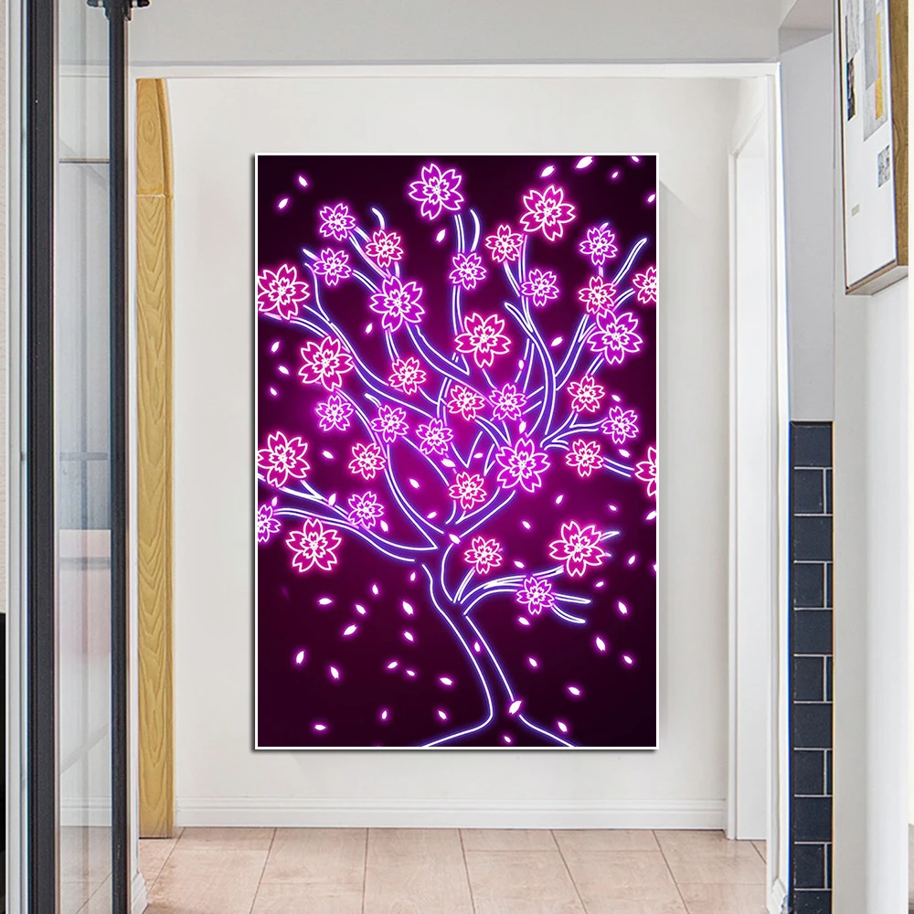 

Abstract Neon Cherry Blossom Tree Canvas Painting Pink Graffiti Art Poster And Print Wall Art Mural Living Room Home Decoration