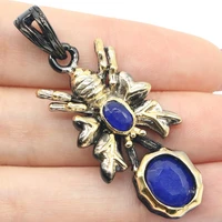 51x19mm hiphop vintage 9 5g spider real blue sapphire created pink kunzite for women black gold silver pendant wholesale